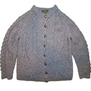 Callan Knitwear Ireland Handcrafted Aran Wool Cable Knit Cardigan Gray Size L